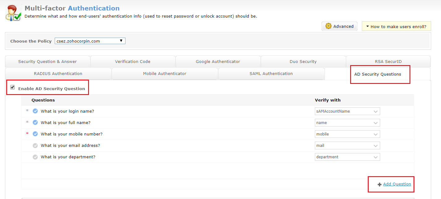 Enable AD Security Questions